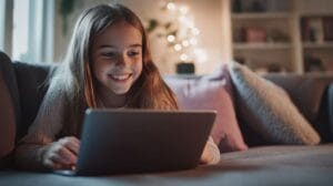 portrait smiling girl using laptop while lying couch cozy home minimal background focusing her browsing internet